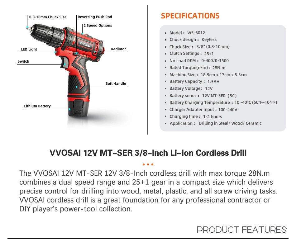 Spot Supply Special Offer Vvosai 12V 1 Year Warranty Electric Screwdriver